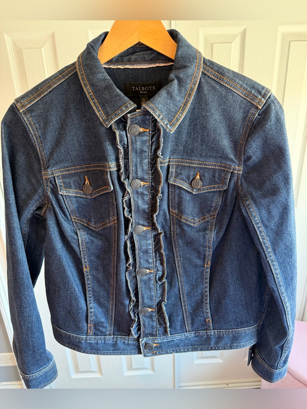 Talbots Dark Blue Denim Jacket with Ruffle Front
Women’s Size: S (Petite)